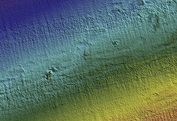 Bussum wreck site showing both parts - INFOMAR sonar-derived seabed survey image attached to the aft-part record; not an underwater photograph.