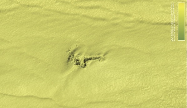 MV Bolivar bow section - INFOMAR sonar-derived seabed survey image, not an underwater photograph.